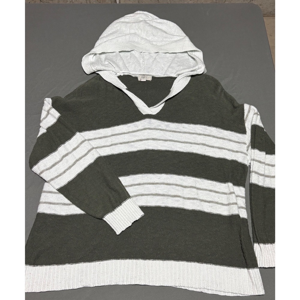 Loft Outlet Womens XL Olive Green White Striped V-Neck Knit Hoodie Sweater